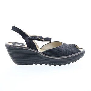 Fly London Yora Women's Black Leather Wedge Sandals Rubber Sole sz. 40